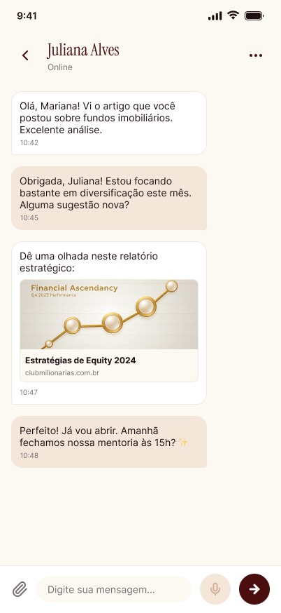 Tela Mensagens do app Club das Milionárias