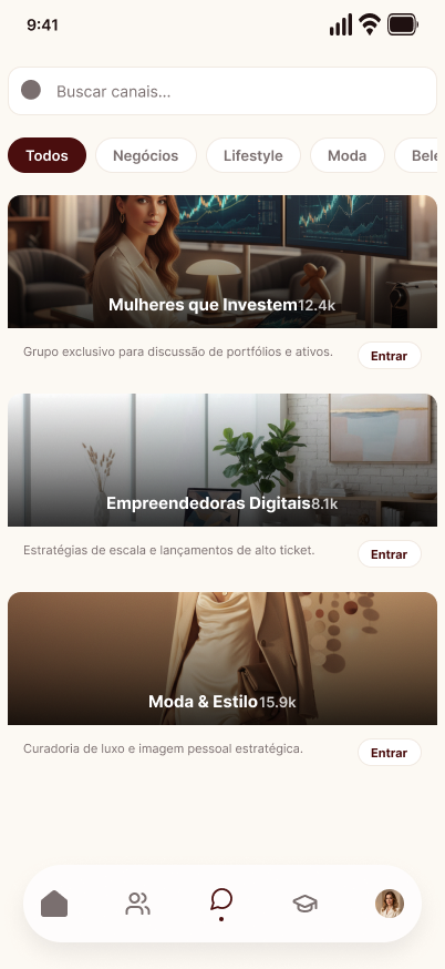 Tela Comunidade do app Club das Milionárias