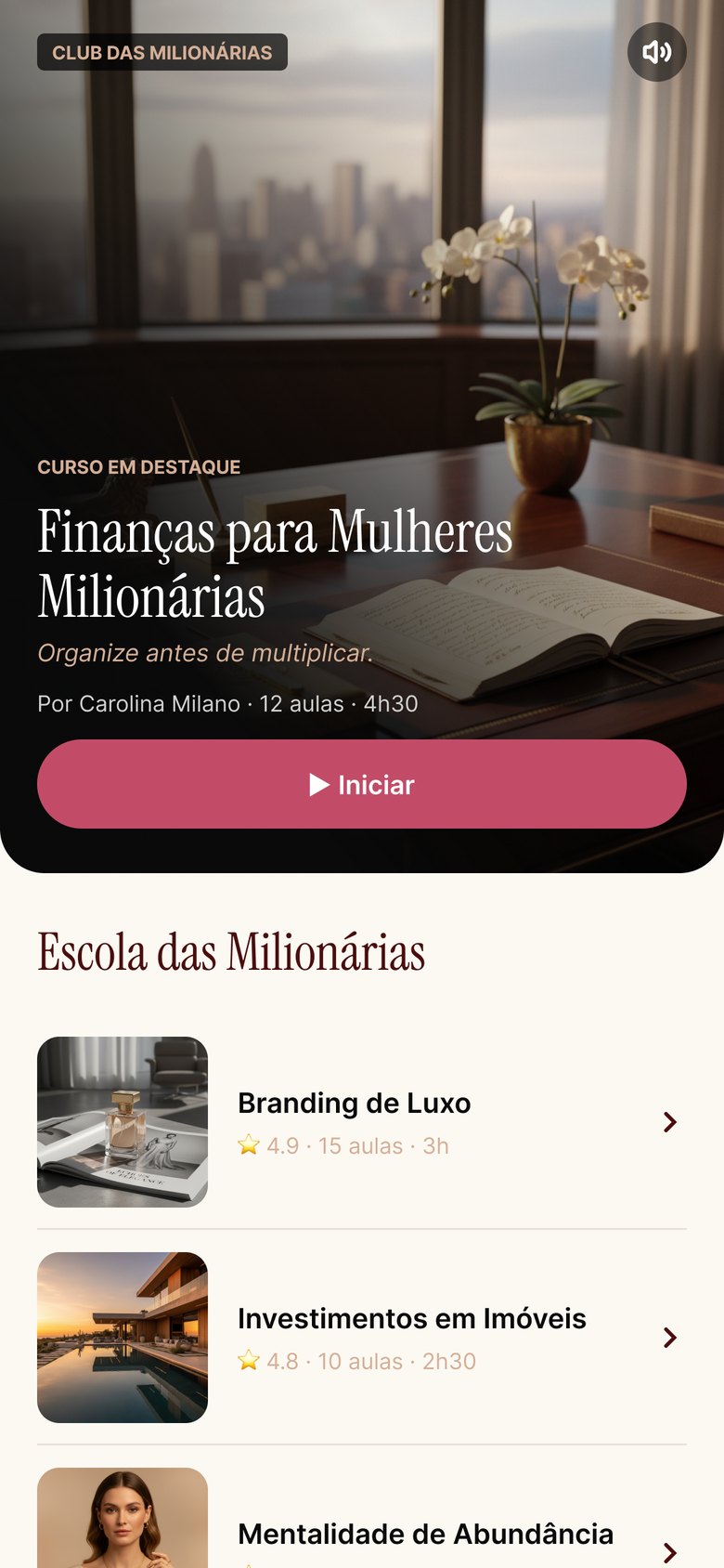 Aba Evolução do app, com o curso em destaque e a lista de formações disponíveis
