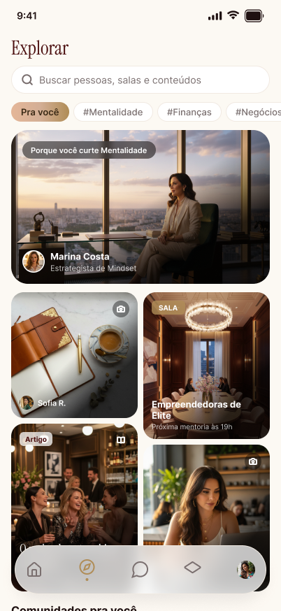 Tela Explorar do app Club das Milionárias