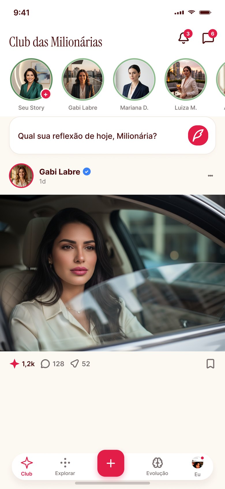 Tela inicial do app, com os stories das membras e o feed de publicações