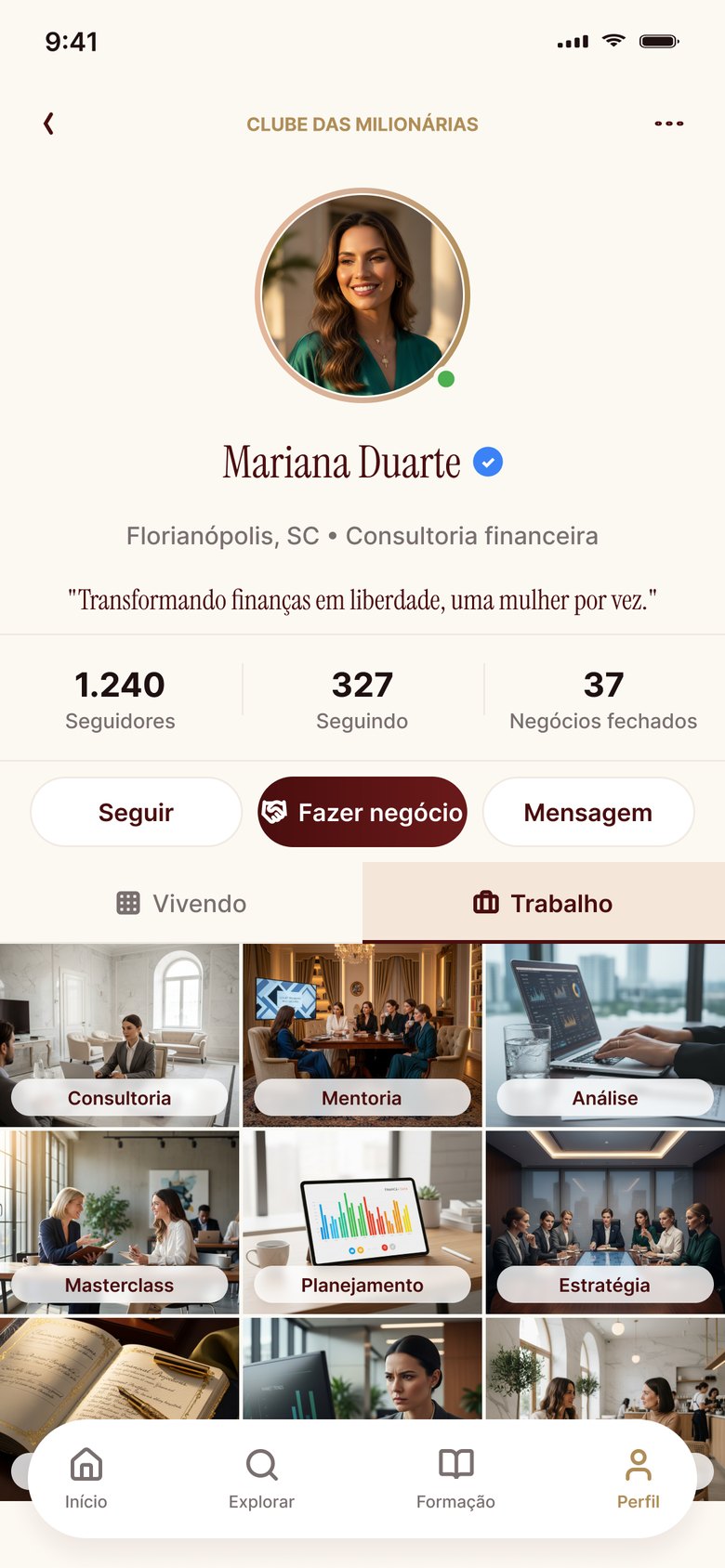 Perfil de uma membra na aba Trabalho, com o portfólio de serviços e o contador de negócios fechados