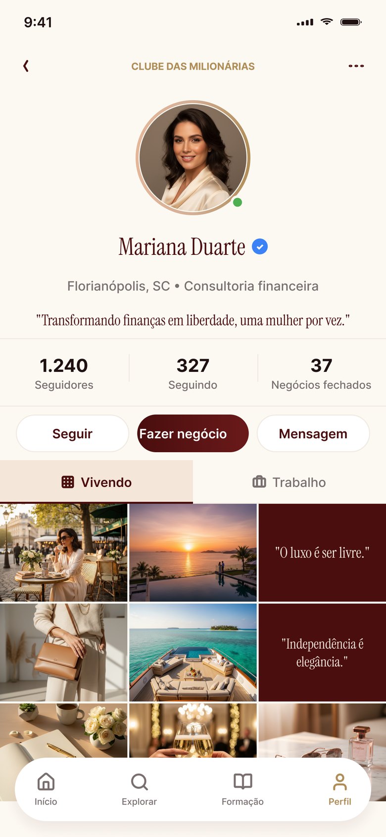 Perfil de uma membra na aba Momentos, com a grade de fotos da vida pessoal